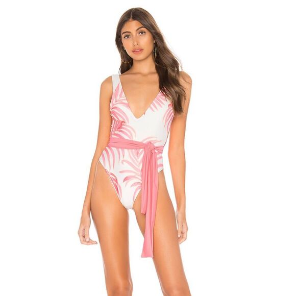 Tularosa‎ Claudia One Piece Swim Medium M White/Pink Palm Plunge V Neck Swimsuit - Picture 1 of 10